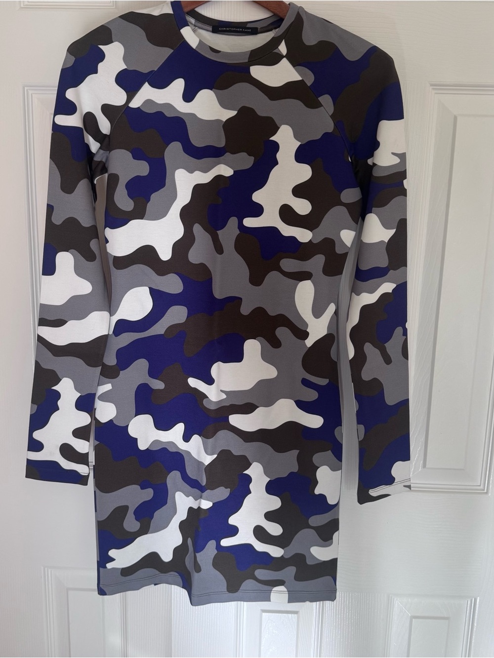 Christopher Kane Camo Long Sleeve Mini Dress Ultramarine Blue Khaki Grey